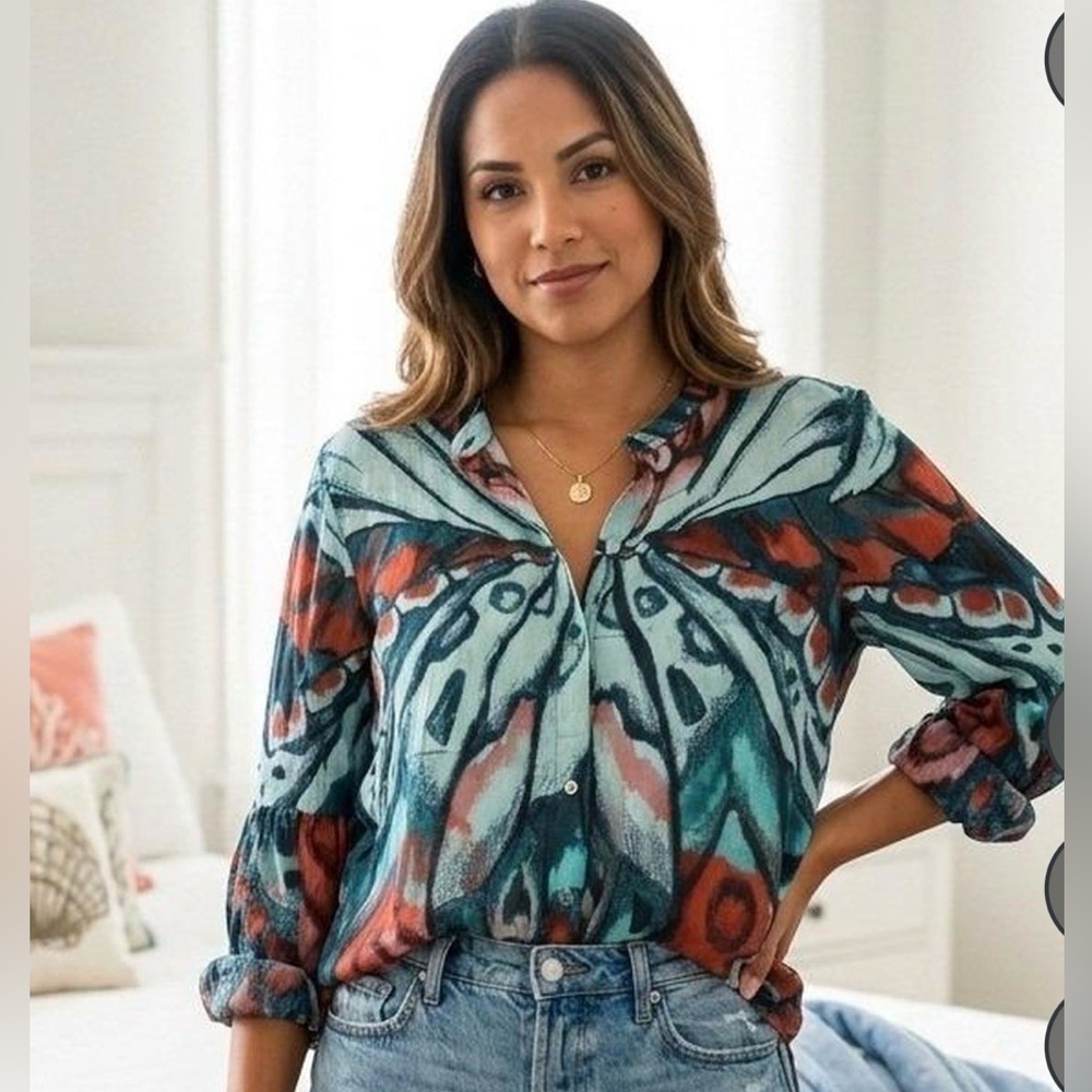 Chico's Butterfly Wing Print Modal Blouse Teal Red Size 2 L 12/14 - Picture 1 of 8